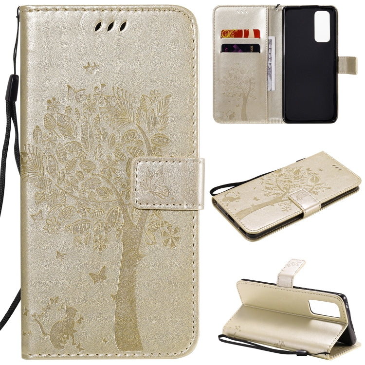 For Huawei Honor 30 Pro Tree & Cat Embossed Pattern Horizontal Flip Leather Case with Holder & Card Slots & Wallet & Lanyard
