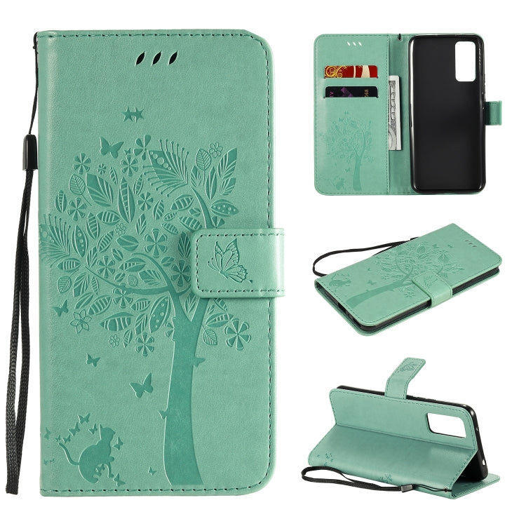 For Huawei Honor 30 Tree & Cat Embossed Pattern Horizontal Flip Leather Case with Holder & Card Slots & Wallet & Lanyard