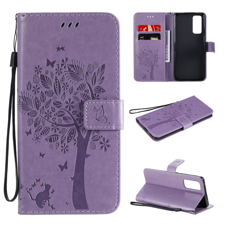 For Huawei Honor 30 Tree & Cat Embossed Pattern Horizontal Flip Leather Case with Holder & Card Slots & Wallet & Lanyard