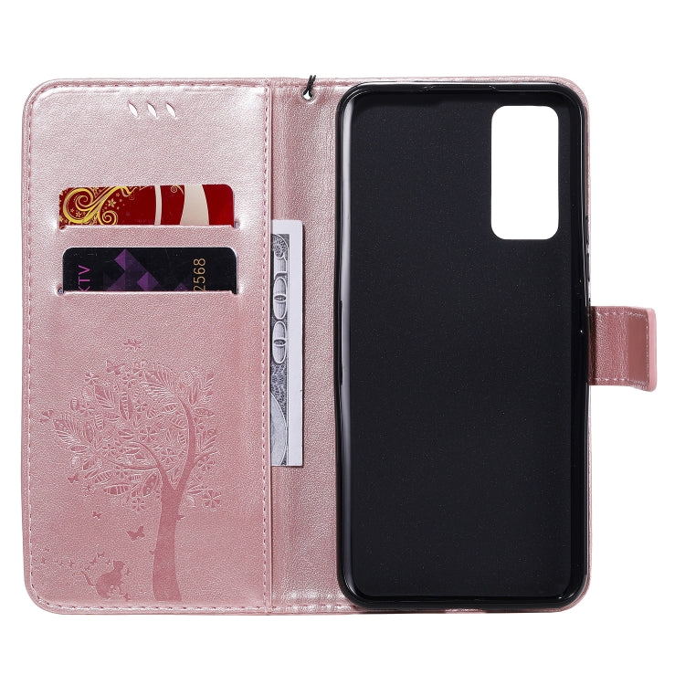 For Huawei Honor 30 Tree & Cat Embossed Pattern Horizontal Flip Leather Case with Holder & Card Slots & Wallet & Lanyard