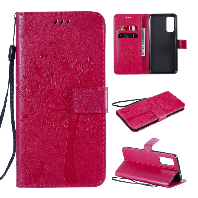 For Huawei Honor 30 Tree & Cat Embossed Pattern Horizontal Flip Leather Case with Holder & Card Slots & Wallet & Lanyard