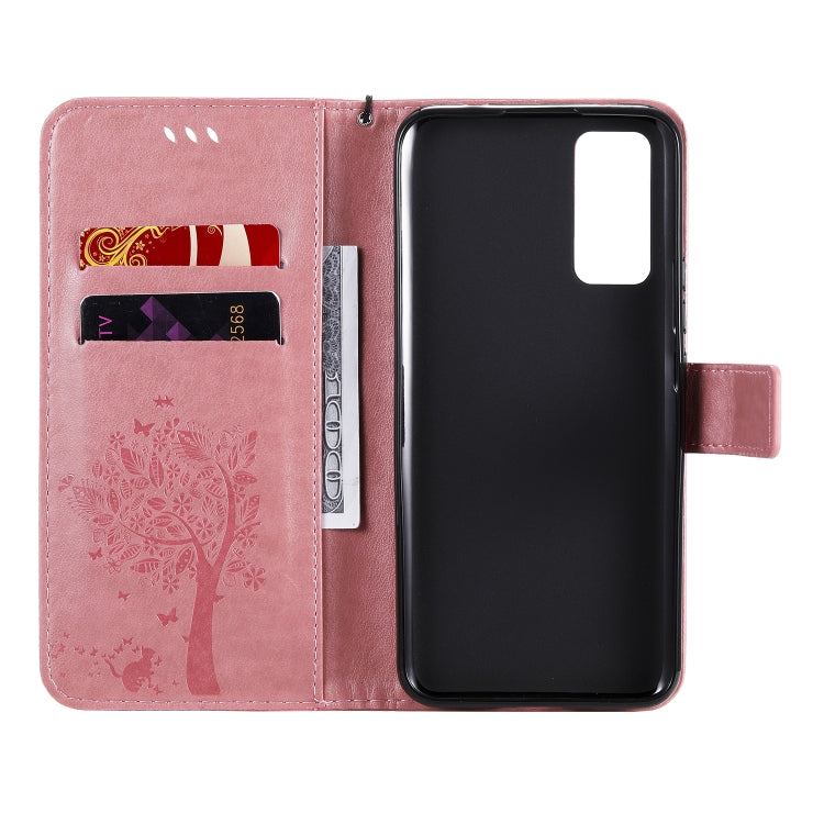 For Huawei Honor 30 Tree & Cat Embossed Pattern Horizontal Flip Leather Case with Holder & Card Slots & Wallet & Lanyard