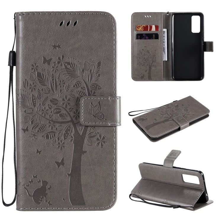 For Huawei Honor 30 Tree & Cat Embossed Pattern Horizontal Flip Leather Case with Holder & Card Slots & Wallet & Lanyard