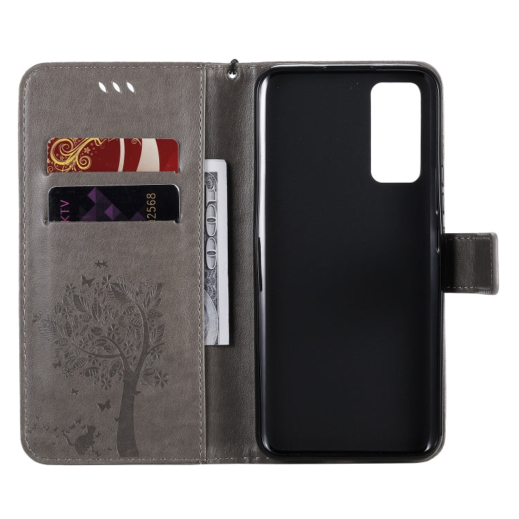 For Huawei Honor 30 Tree & Cat Embossed Pattern Horizontal Flip Leather Case with Holder & Card Slots & Wallet & Lanyard