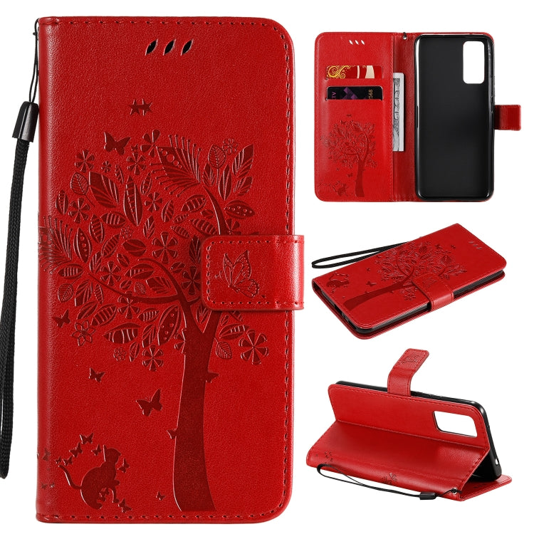 For Huawei Honor 30 Tree & Cat Embossed Pattern Horizontal Flip Leather Case with Holder & Card Slots & Wallet & Lanyard