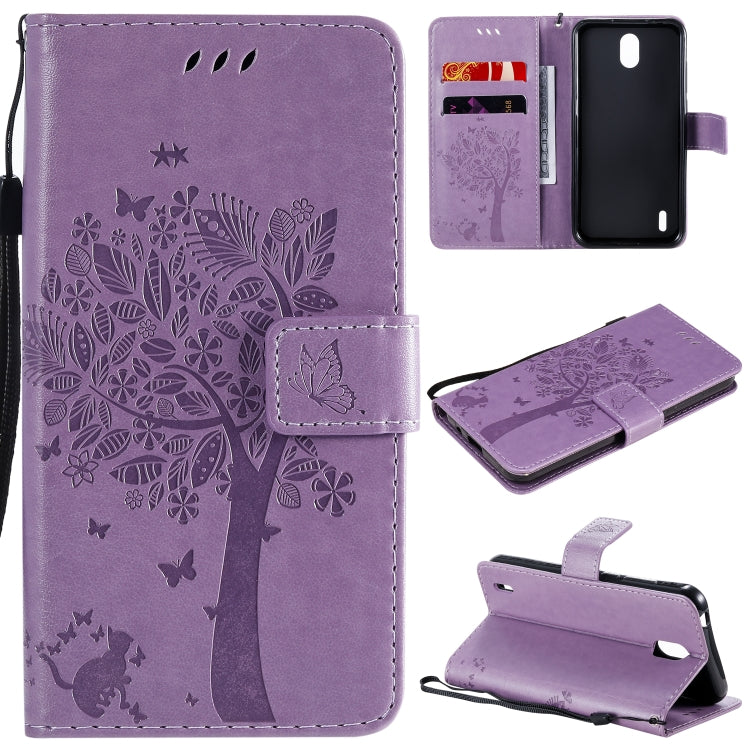 For Nokia 1.3 Tree & Cat Embossed Pattern Horizontal Flip Leather Case with Holder & Card Slots & Wallet & Lanyard