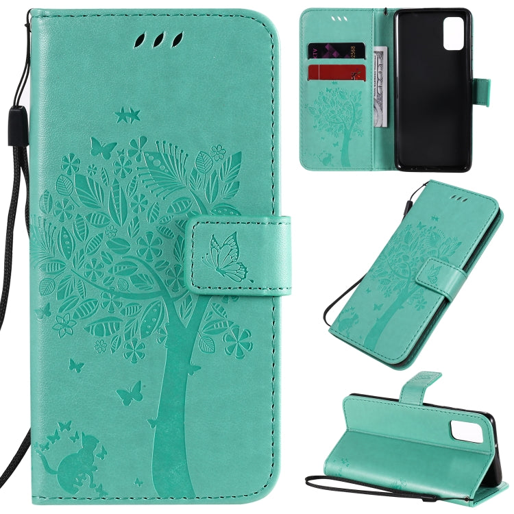 For Samsung Galaxy A41 Tree & Cat Embossed Pattern Horizontal Flip Leather Case with Holder & Card Slots & Wallet & Lanyard