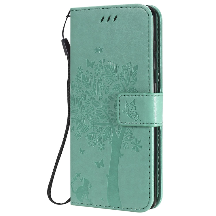 For Samsung Galaxy A41 Tree & Cat Embossed Pattern Horizontal Flip Leather Case with Holder & Card Slots & Wallet & Lanyard