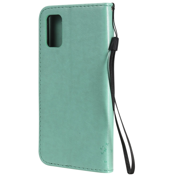 For Samsung Galaxy A41 Tree & Cat Embossed Pattern Horizontal Flip Leather Case with Holder & Card Slots & Wallet & Lanyard