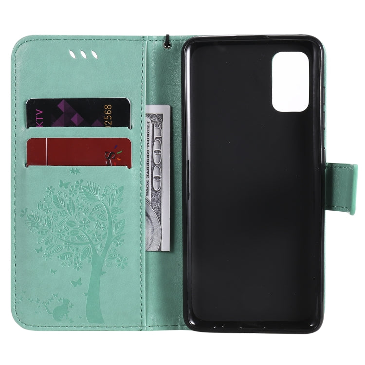 For Samsung Galaxy A41 Tree & Cat Embossed Pattern Horizontal Flip Leather Case with Holder & Card Slots & Wallet & Lanyard