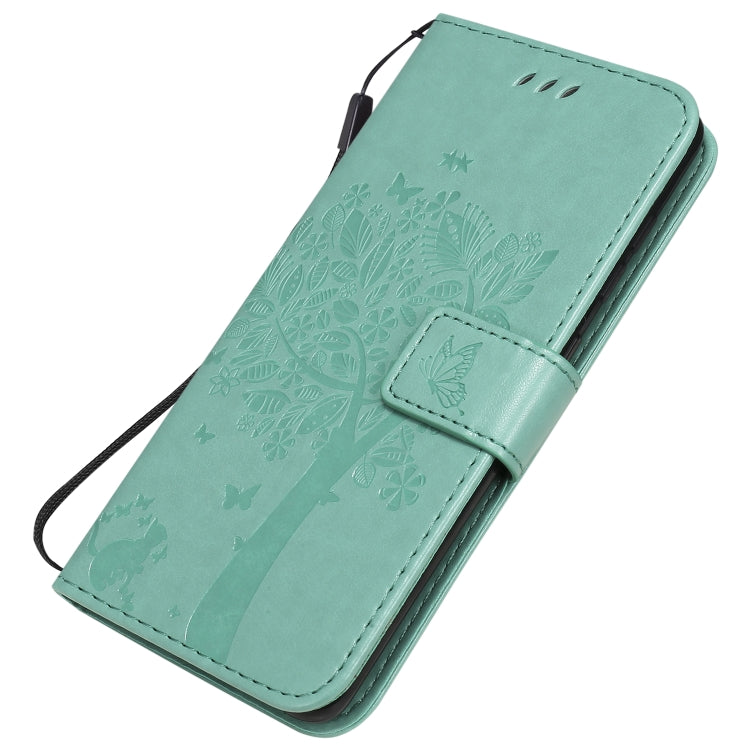 For Samsung Galaxy A41 Tree & Cat Embossed Pattern Horizontal Flip Leather Case with Holder & Card Slots & Wallet & Lanyard
