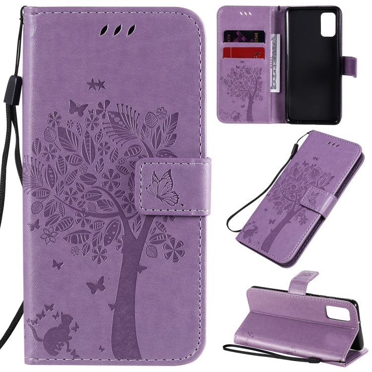 For Samsung Galaxy A41 Tree & Cat Embossed Pattern Horizontal Flip Leather Case with Holder & Card Slots & Wallet & Lanyard