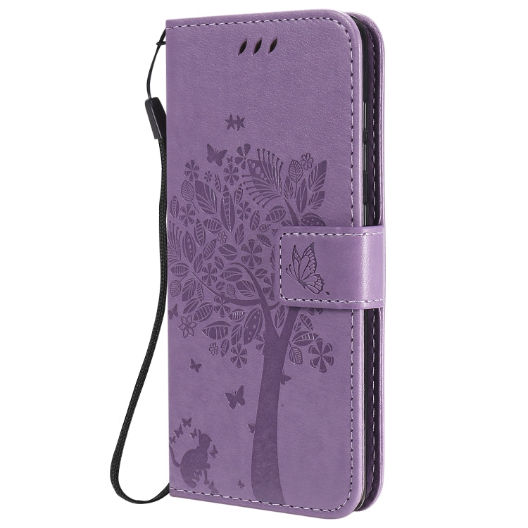 For Samsung Galaxy A41 Tree & Cat Embossed Pattern Horizontal Flip Leather Case with Holder & Card Slots & Wallet & Lanyard