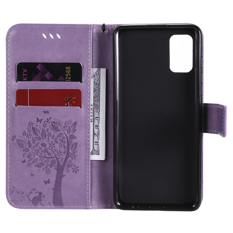 For Samsung Galaxy A41 Tree & Cat Embossed Pattern Horizontal Flip Leather Case with Holder & Card Slots & Wallet & Lanyard