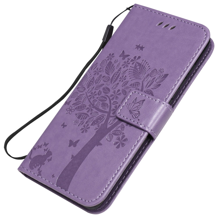 For Samsung Galaxy A41 Tree & Cat Embossed Pattern Horizontal Flip Leather Case with Holder & Card Slots & Wallet & Lanyard