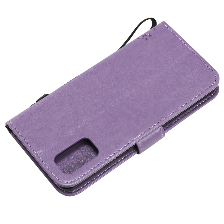 For Samsung Galaxy A41 Tree & Cat Embossed Pattern Horizontal Flip Leather Case with Holder & Card Slots & Wallet & Lanyard