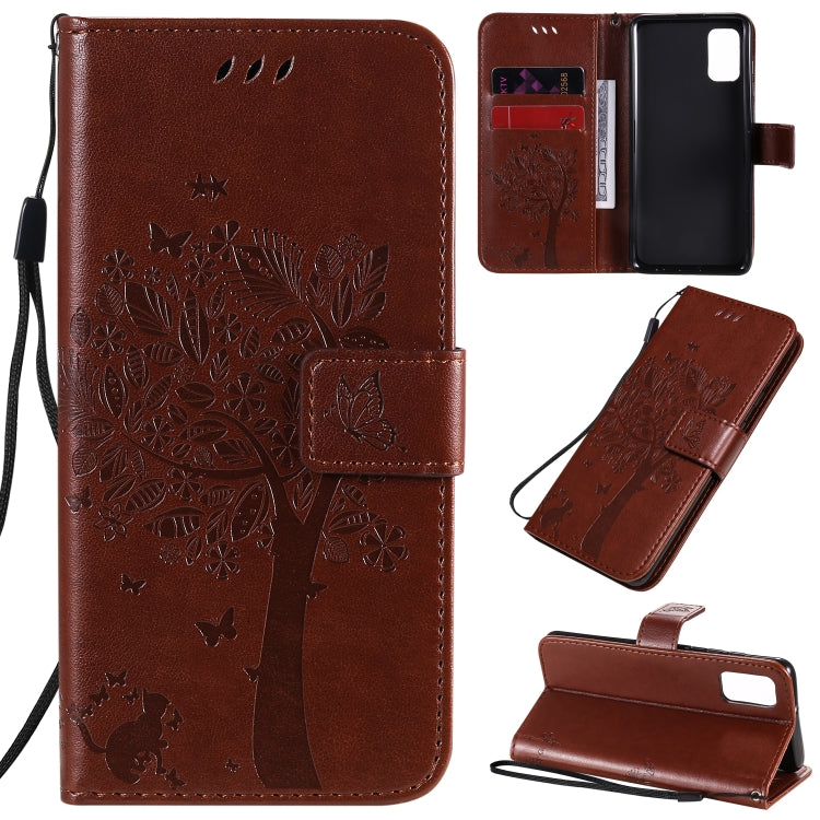 For Samsung Galaxy A41 Tree & Cat Embossed Pattern Horizontal Flip Leather Case with Holder & Card Slots & Wallet & Lanyard