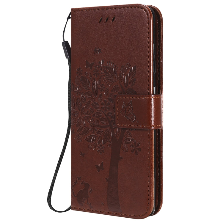 For Samsung Galaxy A41 Tree & Cat Embossed Pattern Horizontal Flip Leather Case with Holder & Card Slots & Wallet & Lanyard