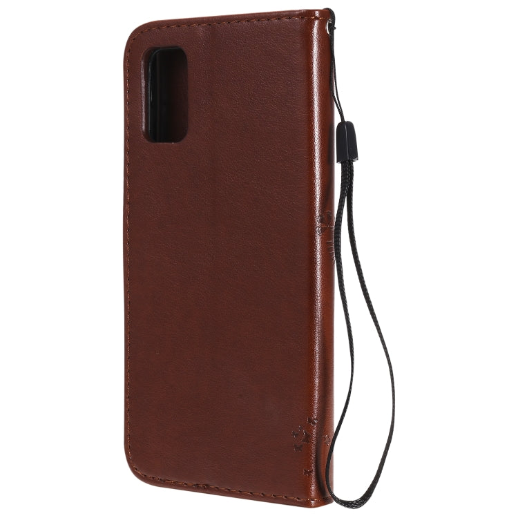 For Samsung Galaxy A41 Tree & Cat Embossed Pattern Horizontal Flip Leather Case with Holder & Card Slots & Wallet & Lanyard