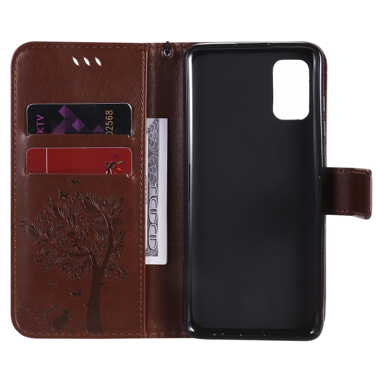 For Samsung Galaxy A41 Tree & Cat Embossed Pattern Horizontal Flip Leather Case with Holder & Card Slots & Wallet & Lanyard