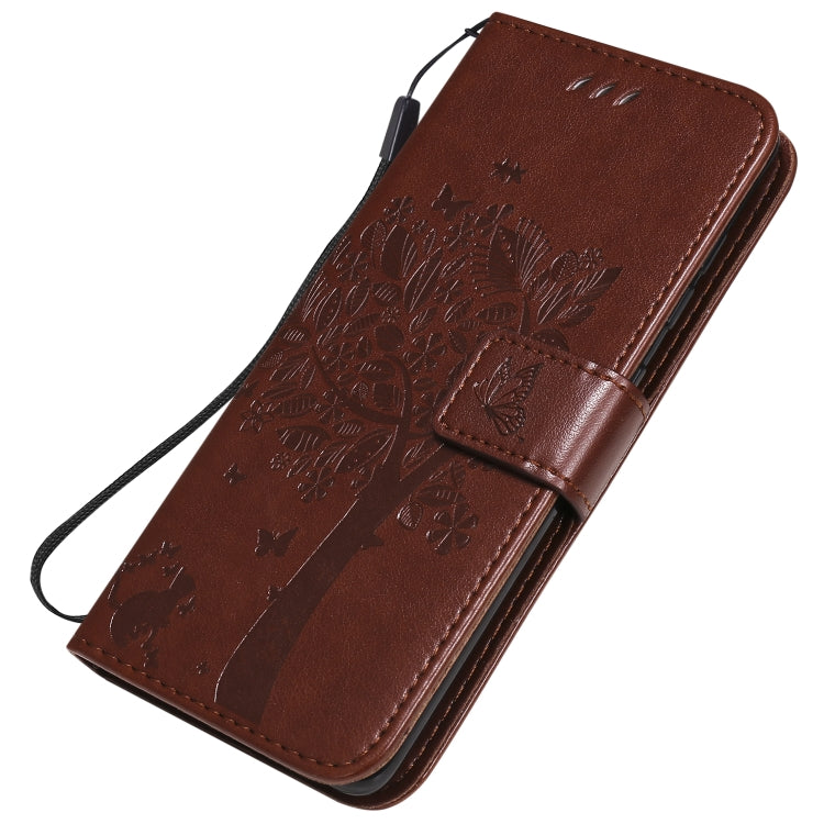 For Samsung Galaxy A41 Tree & Cat Embossed Pattern Horizontal Flip Leather Case with Holder & Card Slots & Wallet & Lanyard