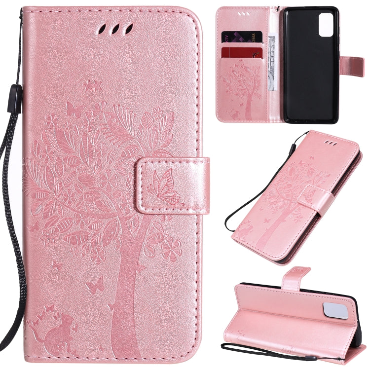 For Samsung Galaxy A41 Tree & Cat Embossed Pattern Horizontal Flip Leather Case with Holder & Card Slots & Wallet & Lanyard
