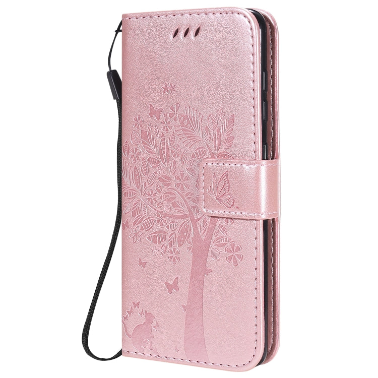 For Samsung Galaxy A41 Tree & Cat Embossed Pattern Horizontal Flip Leather Case with Holder & Card Slots & Wallet & Lanyard