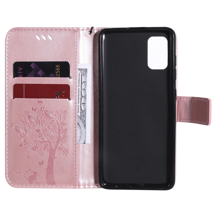 For Samsung Galaxy A41 Tree & Cat Embossed Pattern Horizontal Flip Leather Case with Holder & Card Slots & Wallet & Lanyard