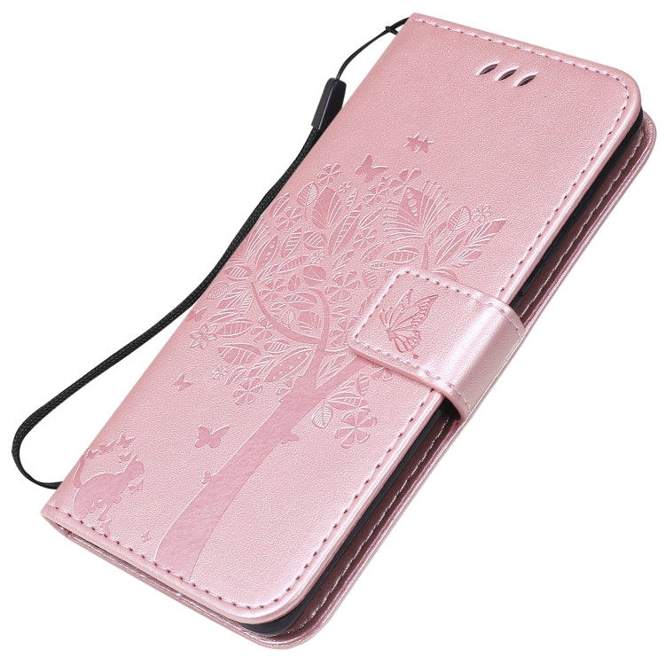 For Samsung Galaxy A41 Tree & Cat Embossed Pattern Horizontal Flip Leather Case with Holder & Card Slots & Wallet & Lanyard