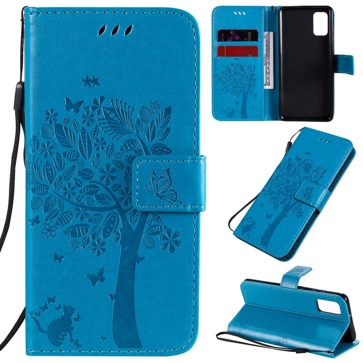 For Samsung Galaxy A41 Tree & Cat Embossed Pattern Horizontal Flip Leather Case with Holder & Card Slots & Wallet & Lanyard