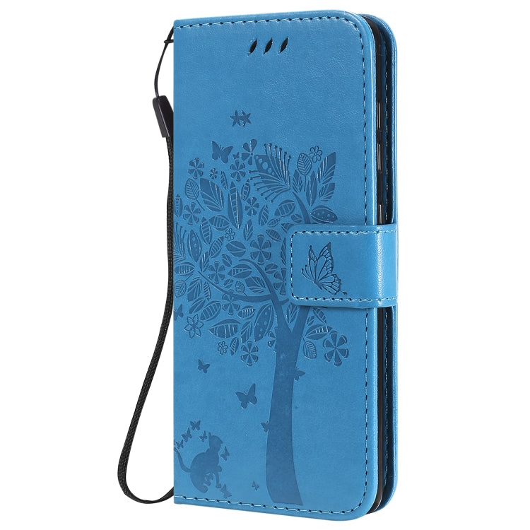 For Samsung Galaxy A41 Tree & Cat Embossed Pattern Horizontal Flip Leather Case with Holder & Card Slots & Wallet & Lanyard