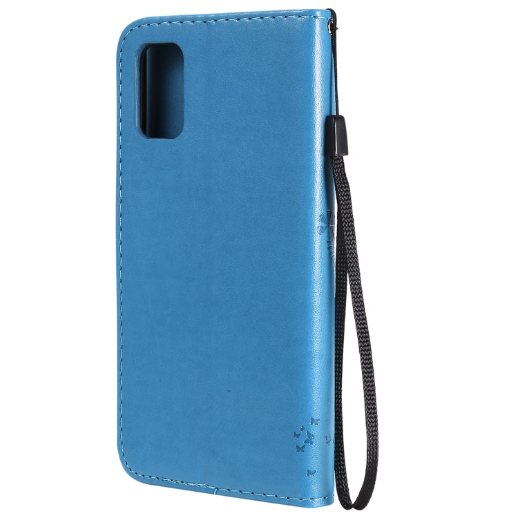 For Samsung Galaxy A41 Tree & Cat Embossed Pattern Horizontal Flip Leather Case with Holder & Card Slots & Wallet & Lanyard