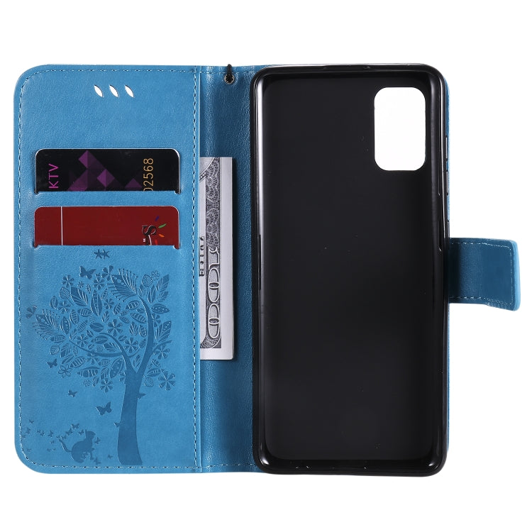 For Samsung Galaxy A41 Tree & Cat Embossed Pattern Horizontal Flip Leather Case with Holder & Card Slots & Wallet & Lanyard