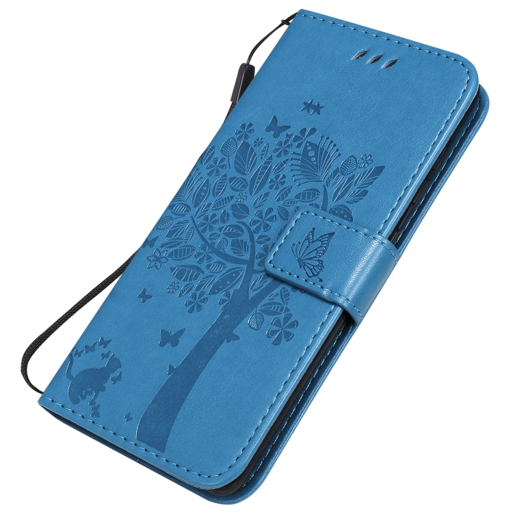 For Samsung Galaxy A41 Tree & Cat Embossed Pattern Horizontal Flip Leather Case with Holder & Card Slots & Wallet & Lanyard