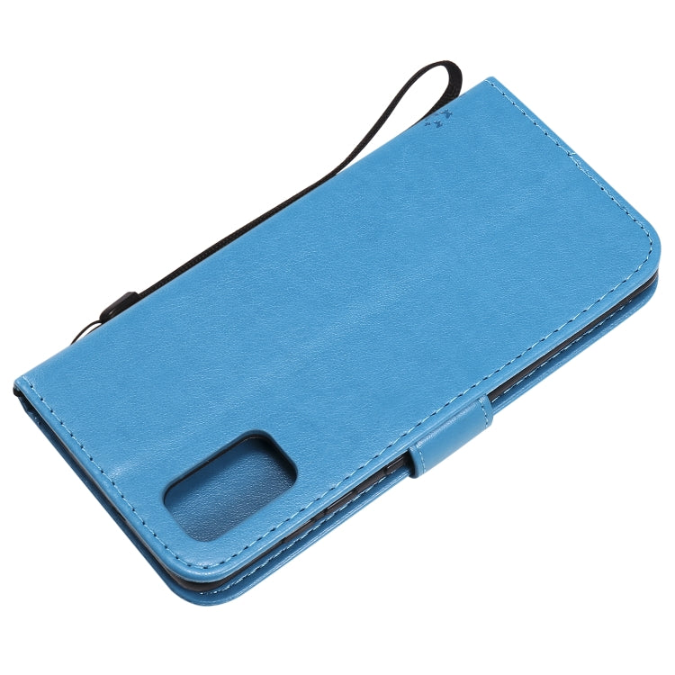 For Samsung Galaxy A41 Tree & Cat Embossed Pattern Horizontal Flip Leather Case with Holder & Card Slots & Wallet & Lanyard