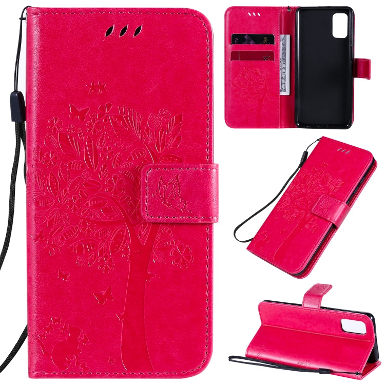 For Samsung Galaxy A41 Tree & Cat Embossed Pattern Horizontal Flip Leather Case with Holder & Card Slots & Wallet & Lanyard