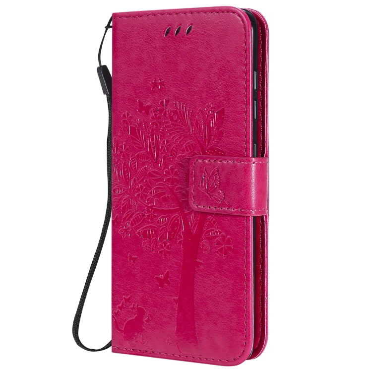 For Samsung Galaxy A41 Tree & Cat Embossed Pattern Horizontal Flip Leather Case with Holder & Card Slots & Wallet & Lanyard