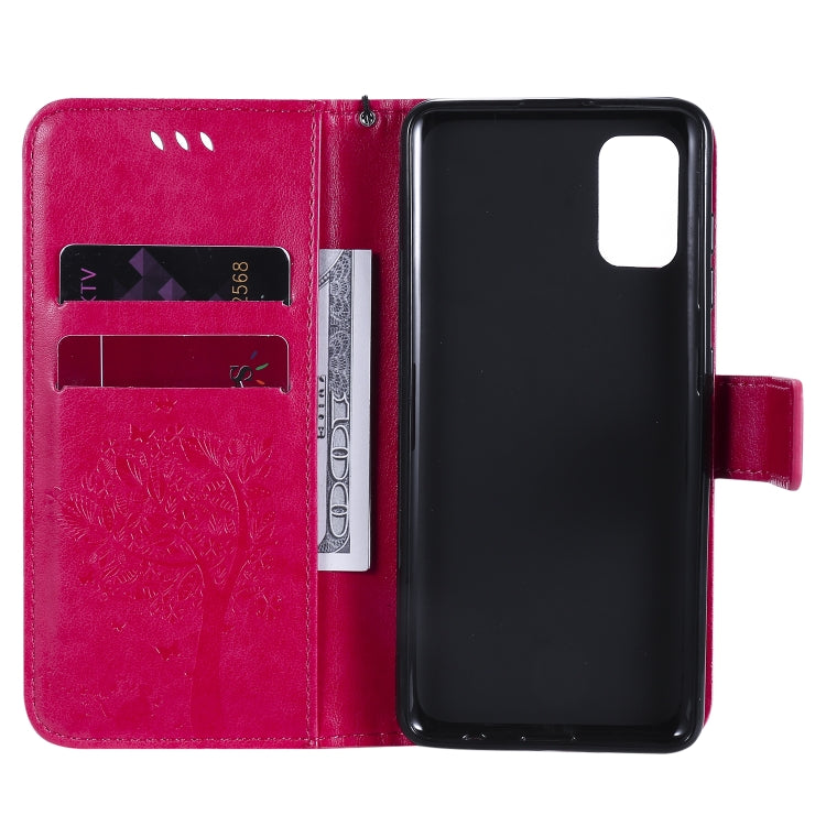 For Samsung Galaxy A41 Tree & Cat Embossed Pattern Horizontal Flip Leather Case with Holder & Card Slots & Wallet & Lanyard