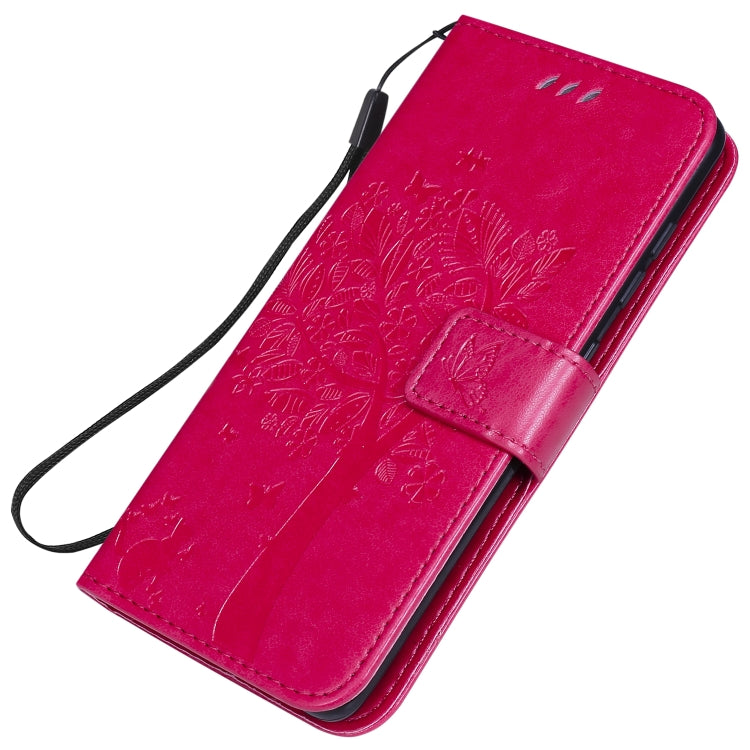 For Samsung Galaxy A41 Tree & Cat Embossed Pattern Horizontal Flip Leather Case with Holder & Card Slots & Wallet & Lanyard