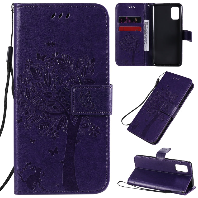 For Samsung Galaxy A41 Tree & Cat Embossed Pattern Horizontal Flip Leather Case with Holder & Card Slots & Wallet & Lanyard