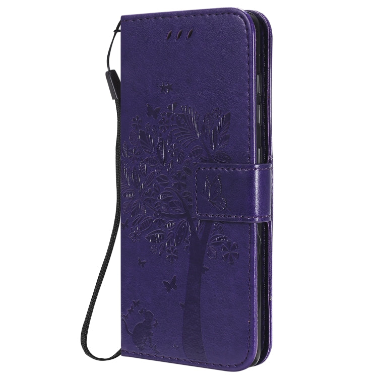 For Samsung Galaxy A41 Tree & Cat Embossed Pattern Horizontal Flip Leather Case with Holder & Card Slots & Wallet & Lanyard