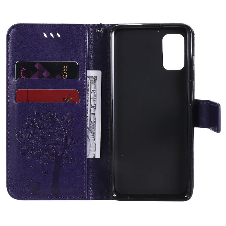 For Samsung Galaxy A41 Tree & Cat Embossed Pattern Horizontal Flip Leather Case with Holder & Card Slots & Wallet & Lanyard
