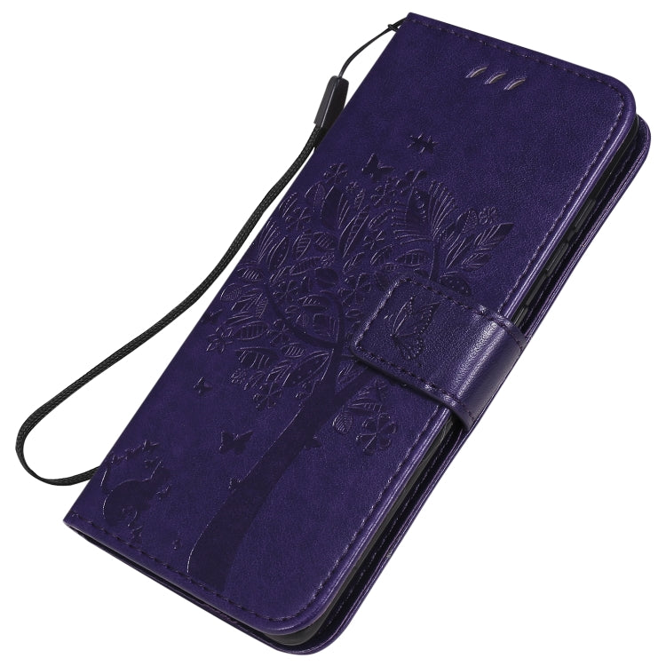 For Samsung Galaxy A41 Tree & Cat Embossed Pattern Horizontal Flip Leather Case with Holder & Card Slots & Wallet & Lanyard