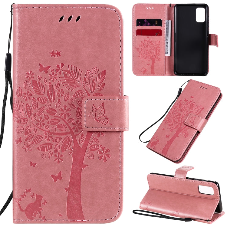 For Samsung Galaxy A41 Tree & Cat Embossed Pattern Horizontal Flip Leather Case with Holder & Card Slots & Wallet & Lanyard