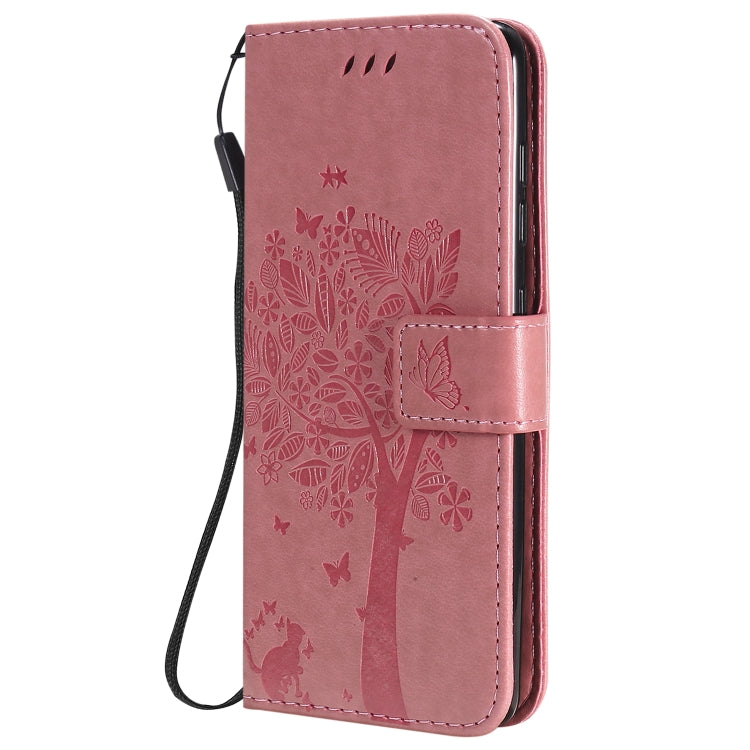 For Samsung Galaxy A41 Tree & Cat Embossed Pattern Horizontal Flip Leather Case with Holder & Card Slots & Wallet & Lanyard