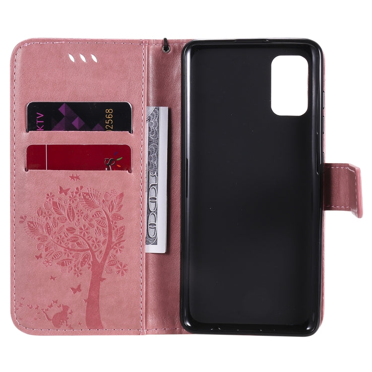 For Samsung Galaxy A41 Tree & Cat Embossed Pattern Horizontal Flip Leather Case with Holder & Card Slots & Wallet & Lanyard