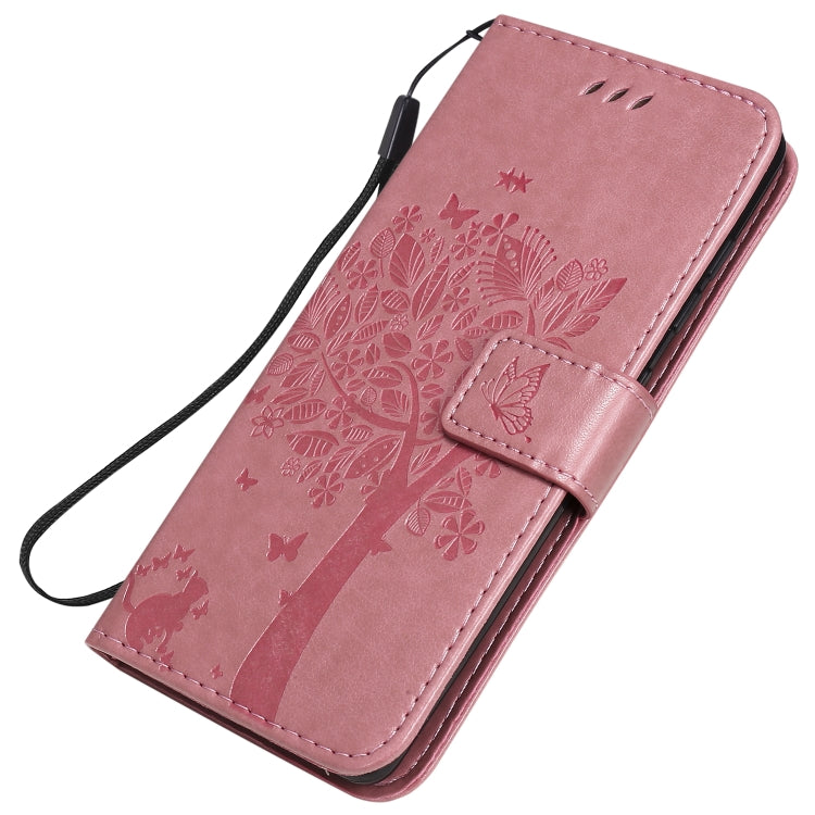 For Samsung Galaxy A41 Tree & Cat Embossed Pattern Horizontal Flip Leather Case with Holder & Card Slots & Wallet & Lanyard