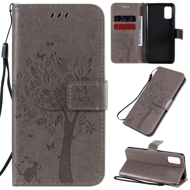 For Samsung Galaxy A41 Tree & Cat Embossed Pattern Horizontal Flip Leather Case with Holder & Card Slots & Wallet & Lanyard
