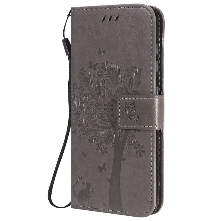 For Samsung Galaxy A41 Tree & Cat Embossed Pattern Horizontal Flip Leather Case with Holder & Card Slots & Wallet & Lanyard