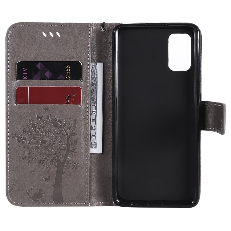 For Samsung Galaxy A41 Tree & Cat Embossed Pattern Horizontal Flip Leather Case with Holder & Card Slots & Wallet & Lanyard